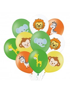 Set 10 baloane latex 30 cm multicolore imprimate cu animale jungla